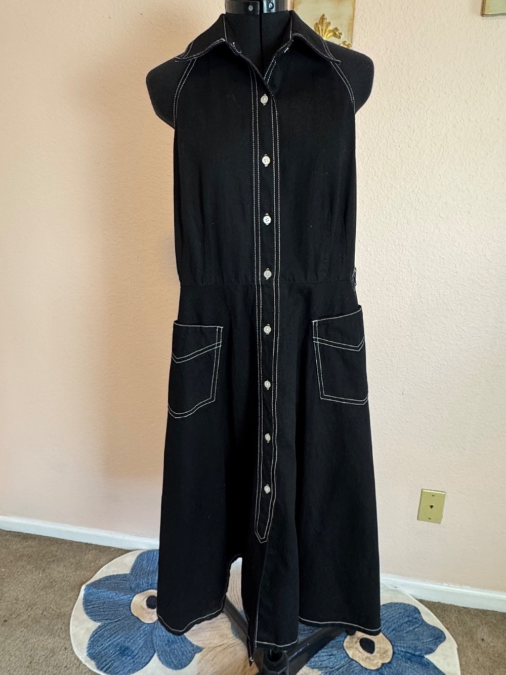 Vintage Ralph Lauren Black Denim Sleeveless Halter Midi Dress with Pockets Sz 16 - Picture 4 of 13